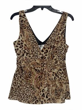 Jackie Jon New York Y2K Leopard Babydoll Top Size 10 Rosette Fringe Sleeveless